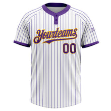 Load image into Gallery viewer, Custom White Purple Pinstripe Gold Two-Button Unisex Softball Jersey
