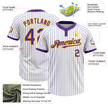 Load image into Gallery viewer, Custom White Purple Pinstripe Gold Two-Button Unisex Softball Jersey
