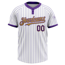 Laden Sie das Bild in den Galerie-Viewer, Custom White Purple Pinstripe Old Gold Two-Button Unisex Softball Jersey
