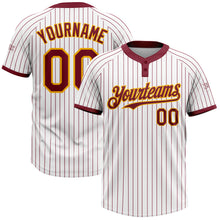 Load image into Gallery viewer, Custom White Crimosn Pinstripe Gold Two-Button Unisex Softball Jersey
