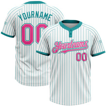 Laden Sie das Bild in den Galerie-Viewer, Custom White Teal Pinstripe Pink Two-Button Unisex Softball Jersey
