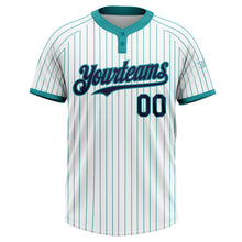 Laden Sie das Bild in den Galerie-Viewer, Custom White Teal Pinstripe Navy Two-Button Unisex Softball Jersey
