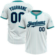 Laden Sie das Bild in den Galerie-Viewer, Custom White Teal Pinstripe Navy Two-Button Unisex Softball Jersey
