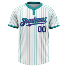 Load image into Gallery viewer, Custom White Teal Pinstripe Purple Two-Button Unisex Softball Jersey
