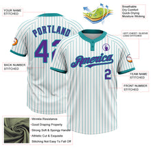 Load image into Gallery viewer, Custom White Teal Pinstripe Purple Two-Button Unisex Softball Jersey
