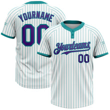 Load image into Gallery viewer, Custom White Teal Pinstripe Purple Two-Button Unisex Softball Jersey
