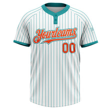 Load image into Gallery viewer, Custom White Teal Pinstripe Orange Two-Button Unisex Softball Jersey
