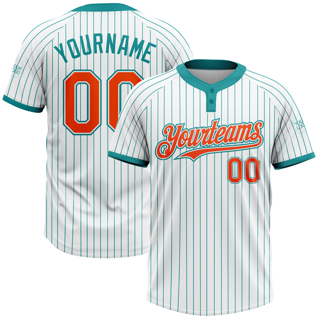 Custom White Teal Pinstripe Orange Two-Button Unisex Softball Jersey