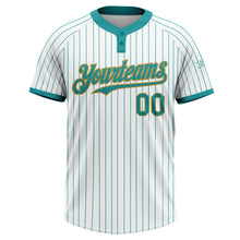 Load image into Gallery viewer, Custom White Teal Pinstripe Old Gold Two-Button Unisex Softball Jersey
