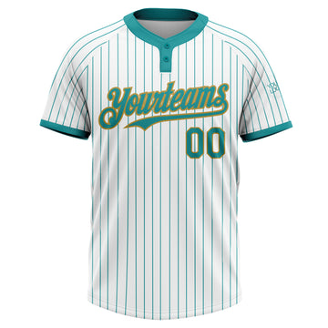 Custom White Teal Pinstripe Old Gold Two-Button Unisex Softball Jersey