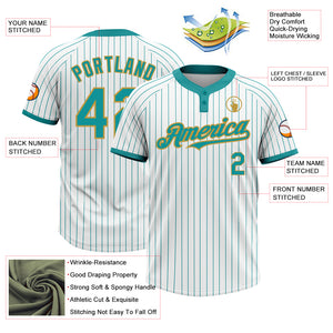 Custom White Teal Pinstripe Old Gold Two-Button Unisex Softball Jersey