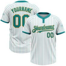 Load image into Gallery viewer, Custom White Teal Pinstripe Old Gold Two-Button Unisex Softball Jersey
