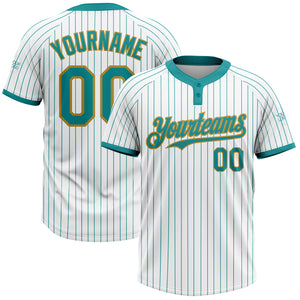 Custom White Teal Pinstripe Old Gold Two-Button Unisex Softball Jersey