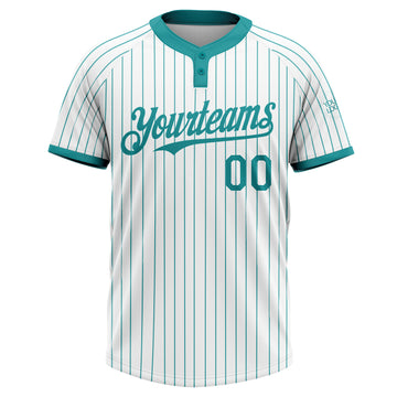 Custom White Teal Pinstripe Teal Two-Button Unisex Softball Jersey