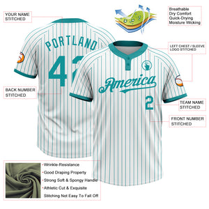 Custom White Teal Pinstripe Teal Two-Button Unisex Softball Jersey