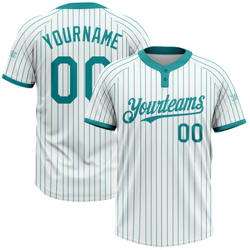 Custom White Teal Pinstripe Teal Two-Button Unisex Softball Jersey