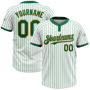 Custom White Kelly Green Pinstripe Old Gold Two-Button Unisex Softball Jersey
