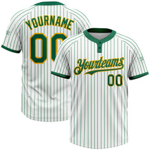 Load image into Gallery viewer, Custom White Kelly Green Pinstripe Gold Two-Button Unisex Softball Jersey
