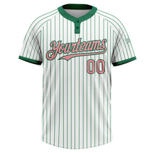 Load image into Gallery viewer, Custom White Kelly Green Pinstripe Medium Pink Two-Button Unisex Softball Jersey
