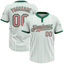 Load image into Gallery viewer, Custom White Kelly Green Pinstripe Medium Pink Two-Button Unisex Softball Jersey
