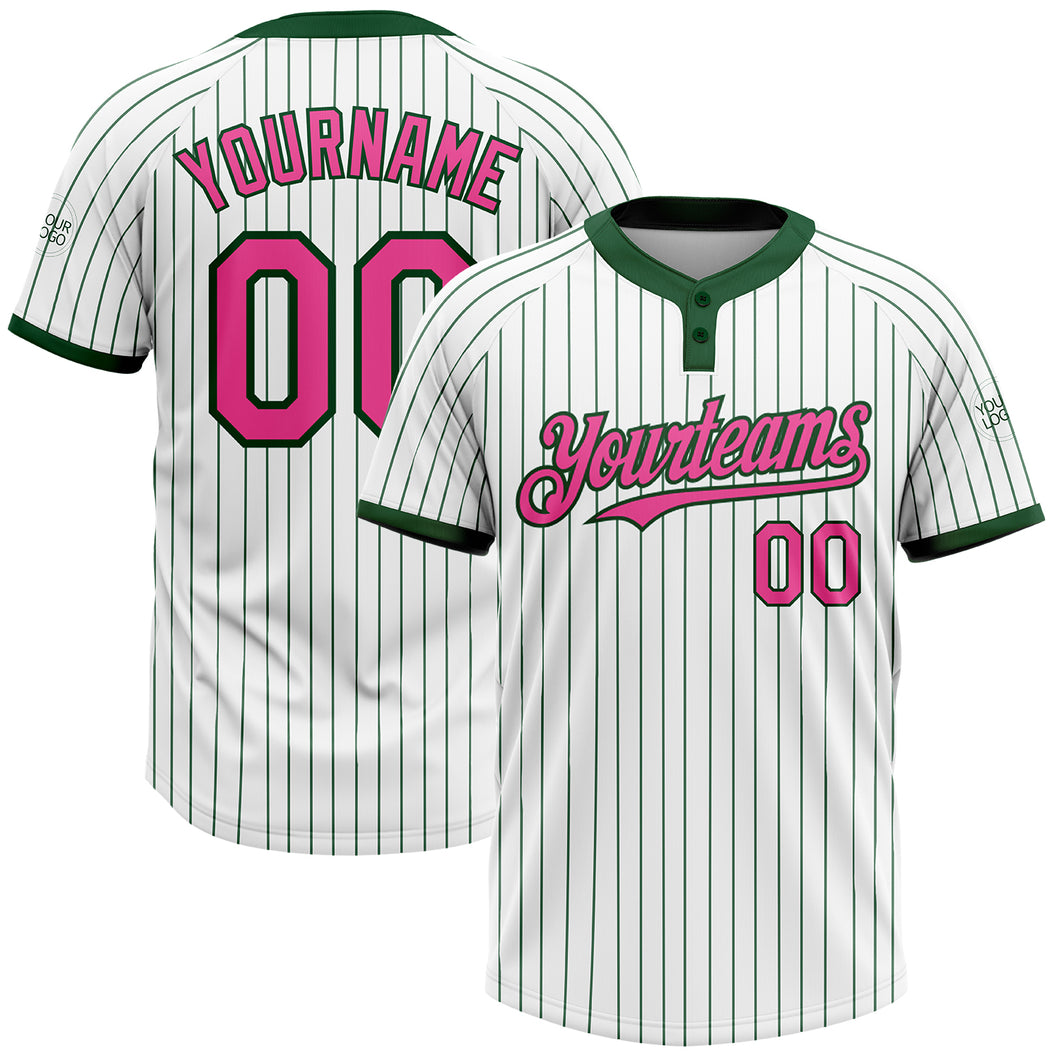 Custom White Green Pinstripe Pink Two-Button Unisex Softball Jersey