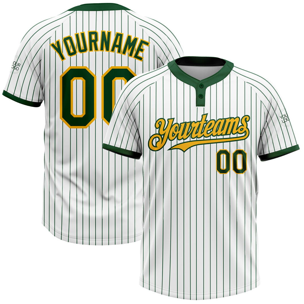 Custom White Green Pinstripe Gold Two-Button Unisex Softball Jersey