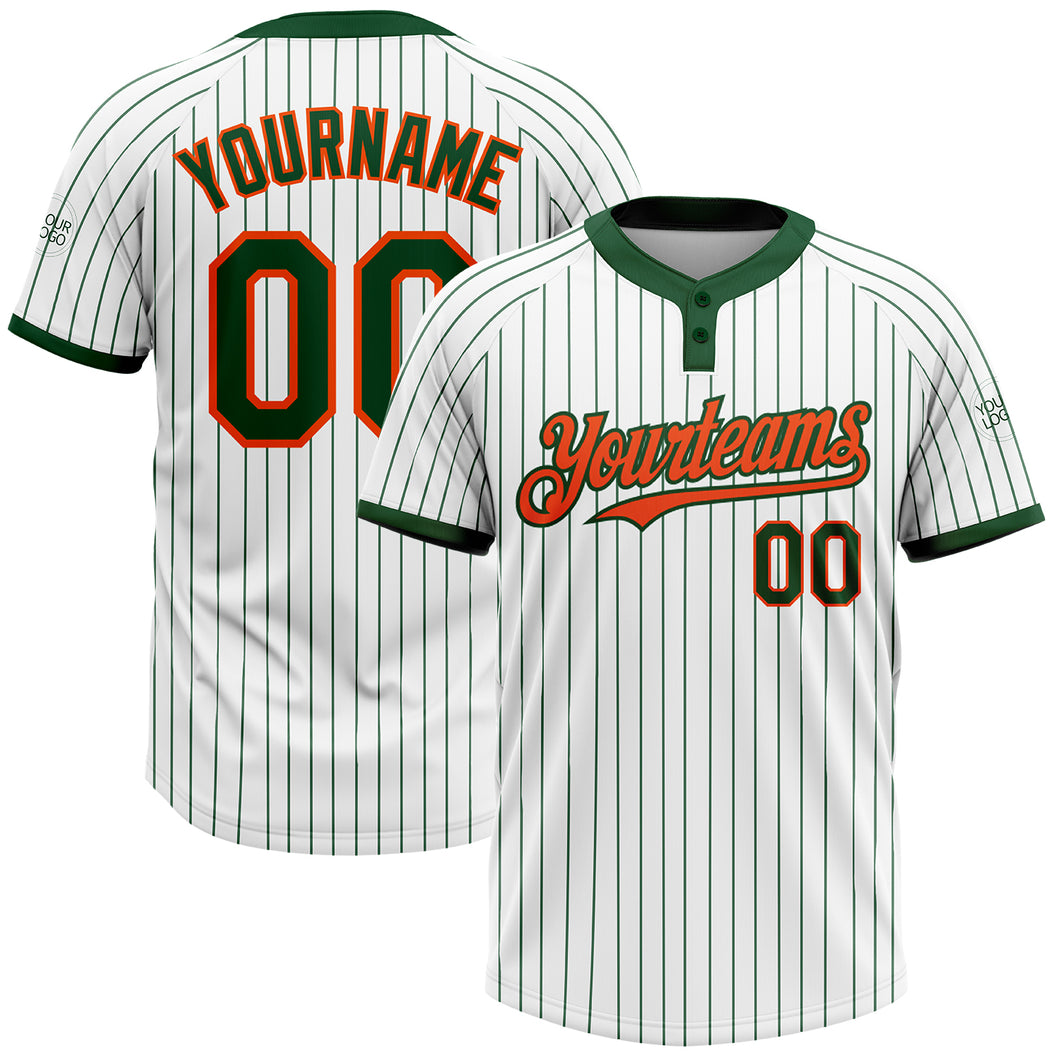 Custom White Green Pinstripe Orange Two-Button Unisex Softball Jersey