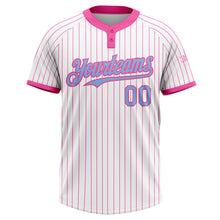 Laden Sie das Bild in den Galerie-Viewer, Custom White Pink Pinstripe Light Blue Two-Button Unisex Softball Jersey
