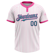 Laden Sie das Bild in den Galerie-Viewer, Custom White Pink Pinstripe Teal Two-Button Unisex Softball Jersey

