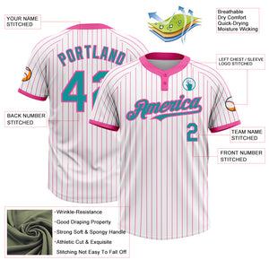 Custom White Pink Pinstripe Teal Two-Button Unisex Softball Jersey