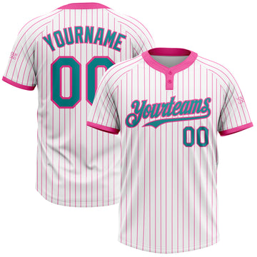 Custom White Pink Pinstripe Teal Two-Button Unisex Softball Jersey