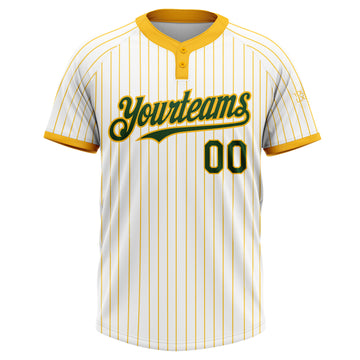 Custom White Gold Pinstripe Green Two-Button Unisex Softball Jersey