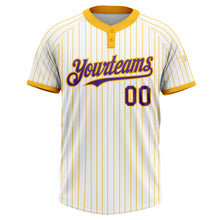 Load image into Gallery viewer, Custom White Gold Pinstripe Purple Two-Button Unisex Softball Jersey
