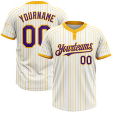 Load image into Gallery viewer, Custom White Gold Pinstripe Purple Two-Button Unisex Softball Jersey
