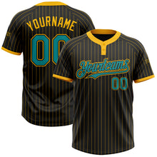 Load image into Gallery viewer, Custom Black Gold Pinstripe Teal Two-Button Unisex Softball Jersey
