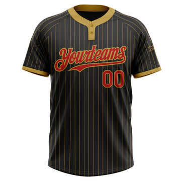 Custom Black Old Gold Pinstripe Red Two-Button Unisex Softball Jersey