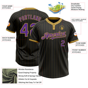 Custom Black Old Gold Pinstripe Purple Two-Button Unisex Softball Jersey