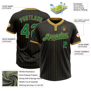 Custom Black Old Gold Pinstripe Kelly Green Two-Button Unisex Softball Jersey