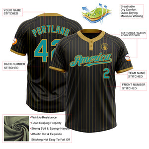 Custom Black Old Gold Pinstripe Teal Two-Button Unisex Softball Jersey