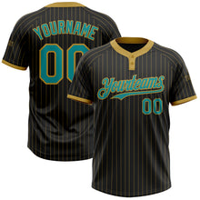 Load image into Gallery viewer, Custom Black Old Gold Pinstripe Teal Two-Button Unisex Softball Jersey
