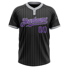 Laden Sie das Bild in den Galerie-Viewer, Custom Black Gray Pinstripe Purple Two-Button Unisex Softball Jersey
