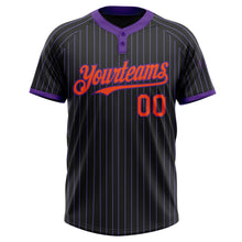 Laden Sie das Bild in den Galerie-Viewer, Custom Black Purple Pinstripe Orange Two-Button Unisex Softball Jersey
