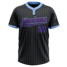 Load image into Gallery viewer, Custom Black Light Blue Pinstripe Purple Two-Button Unisex Softball Jersey

