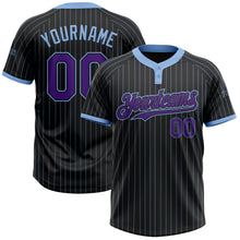 Load image into Gallery viewer, Custom Black Light Blue Pinstripe Purple Two-Button Unisex Softball Jersey
