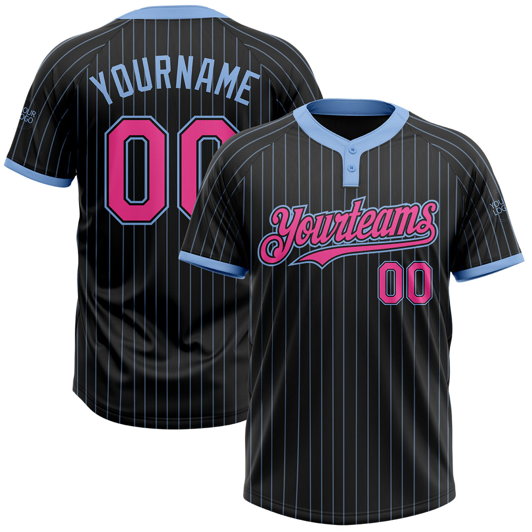 Custom Black Light Blue Pinstripe Pink Two-Button Unisex Softball Jersey