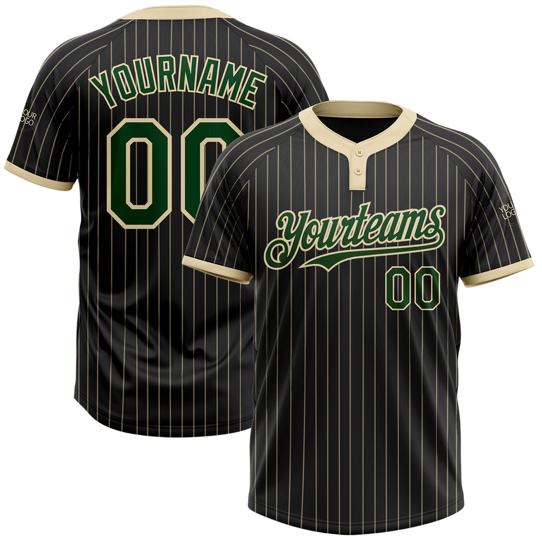 Custom Black Cream Pinstripe Green Two-Button Unisex Softball Jersey