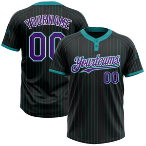 Custom Black Teal Pinstripe Purple-White Two-Button Unisex Softball Jersey