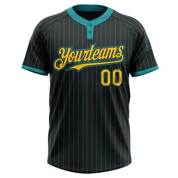 Custom Black Teal Pinstripe Yellow Two-Button Unisex Softball Jersey