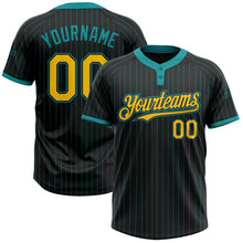Load image into Gallery viewer, Custom Black Teal Pinstripe Yellow Two-Button Unisex Softball Jersey
