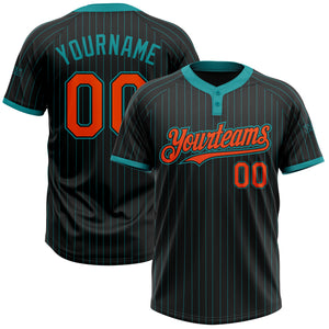 Custom Black Teal Pinstripe Orange Two-Button Unisex Softball Jersey